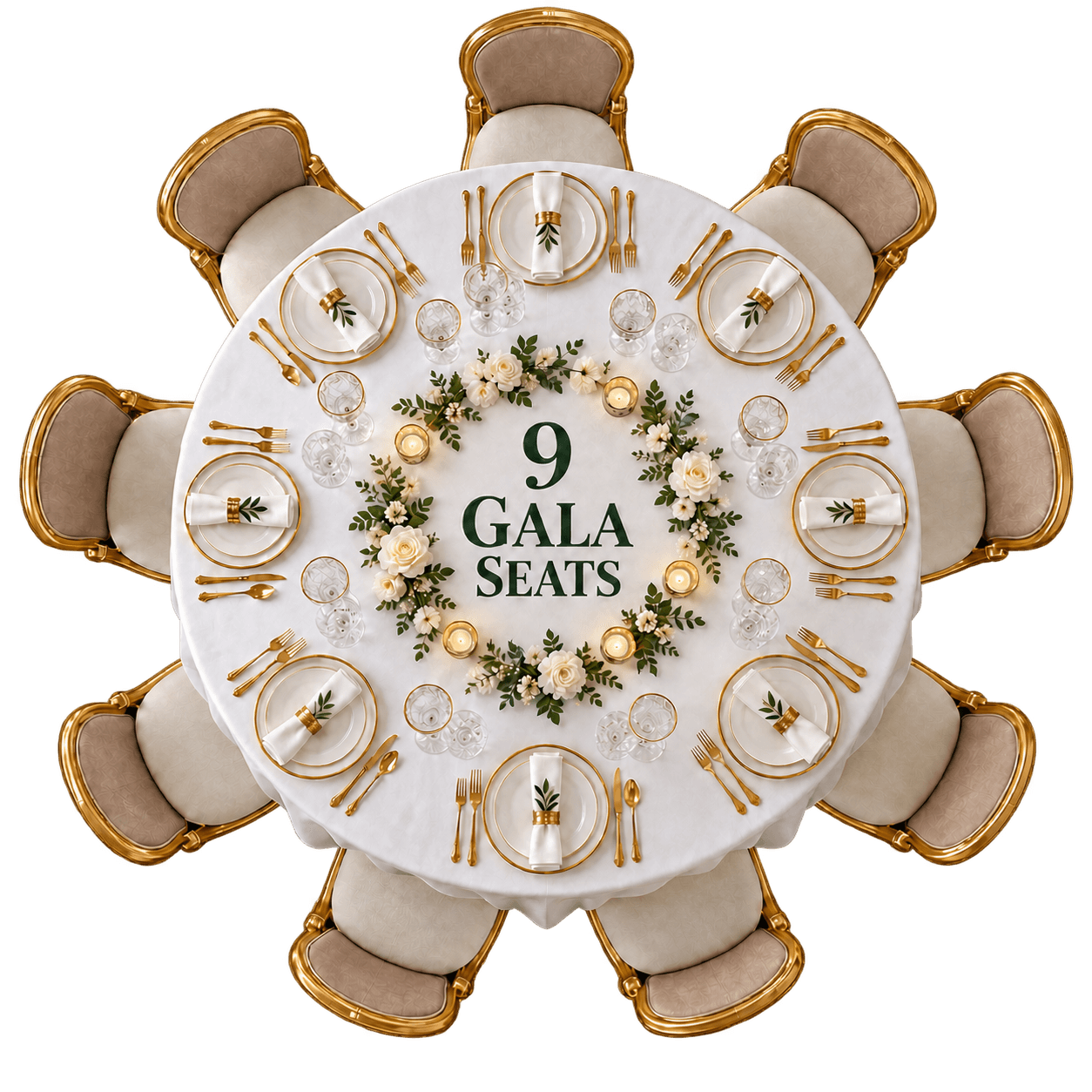 Top-down Gala dinner table with nine chairs and nine place settings